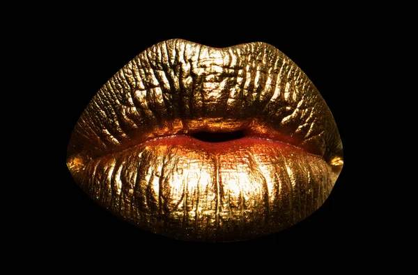 Boca Dourada Lábios Impressos Lábios Luxuosos Ouro Batom Sexy Sensual — Fotografia de Stock