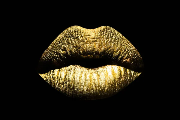 Gouden Lippen Vrouw Mond Close Met Gouden Kleur Lippenstift Lip — Stockfoto