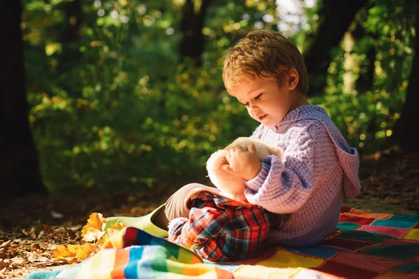 Netter Junge Mit Teddybär Sitzt Park Glückliche Kinder Nettes Bild — Stockfoto