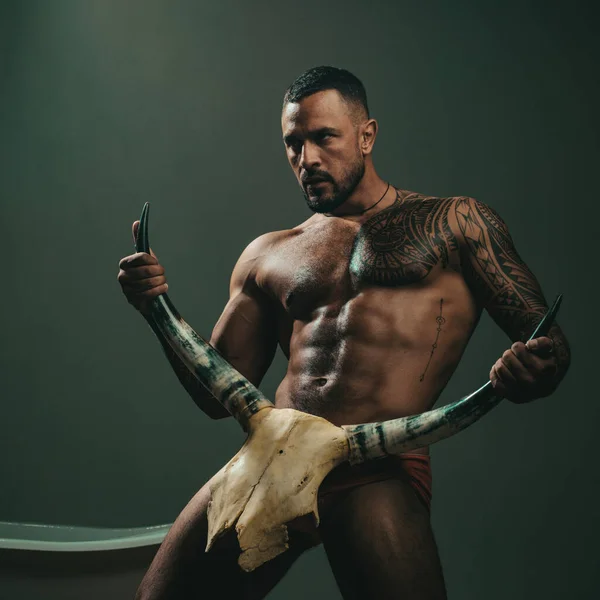 Sexy Man Erotic Masculine Body Six Pack Hold Bull Horns — 스톡 사진