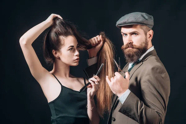 Barber shop design. Hair Stylist and Barber. Bearded man hipster wiht beauty woman. Fine Cuts. Portrait woman with long hair