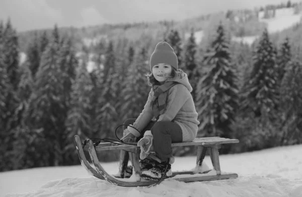 Netter Junge Genießt Eine Schlittenfahrt Kinderrodeln Schlittenfahren Spielen Draußen Schnee — Stockfoto