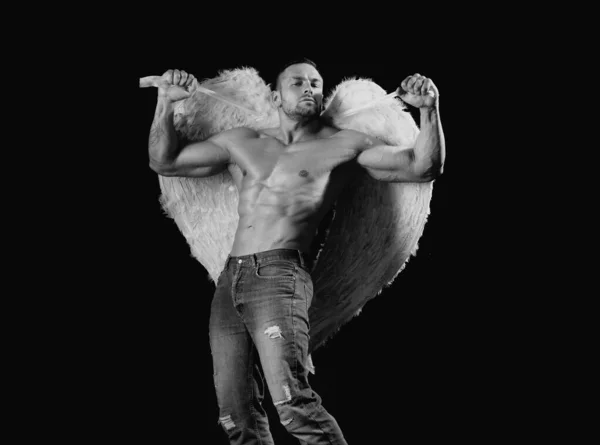 Křídla Anděli Sexy Chlap Svalnatým Tělem Holým Trupem — Stock fotografie
