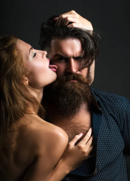 Woman Licks Man Kissing Sexy Couple Embrace Valentines Day Kiss — Stock Photo, Image