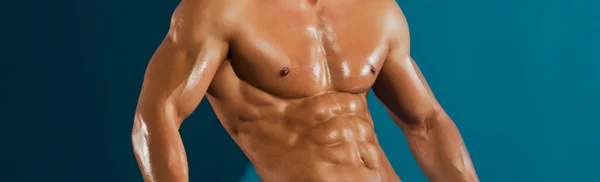 Homem Com Corpo Muscular Peito Treinador Desportista Modelos Bandeira Com — Fotografia de Stock