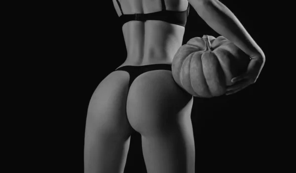 Halloween Pumpkin Butt Erotica Underwear Concept Sensual Girl Nude Woman — Stok fotoğraf