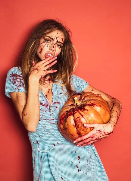 Ragazza Con Zucca Zombie Pazzo Maledetto Halloween — Foto Stock