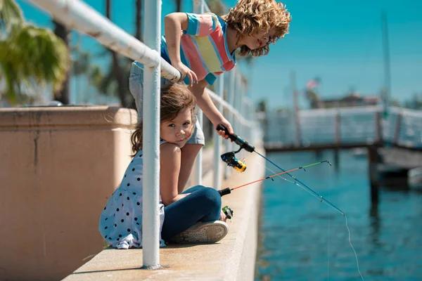 Children Fishing Couple Kids Pier Child Jetty Rod Boy Girl — Stock Photo, Image