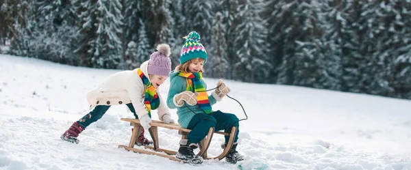 Funny Children Snow Ride Sled Winter Outdoors Games Happy Christmas — Stock Photo, Image