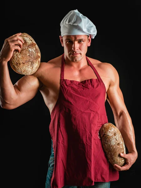 Sexy Man Bread Whole Grain Bread Chef Holding Fresh Bread — Stock Photo, Image