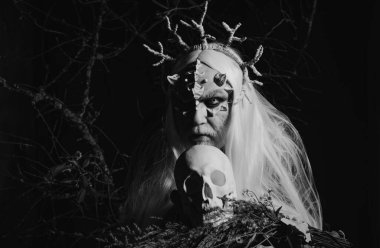 Ejderha derisi ve boynuzları olan büyücü iblis adam. Eski simya. Beyaz mavi gözlü canavar. Boynuzlu kafalı bir Viking. Şeytan kafası siyaha izole edilmiş. Keskin dikenleri ve yüzünde siğiller olan bir canavar.