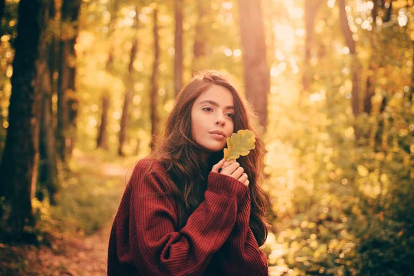 自然の背景に秋の秋美女を残します こんにちは秋 秋の風景の中の若い美しい女性の屋外大気ファッション写真 — ストック写真