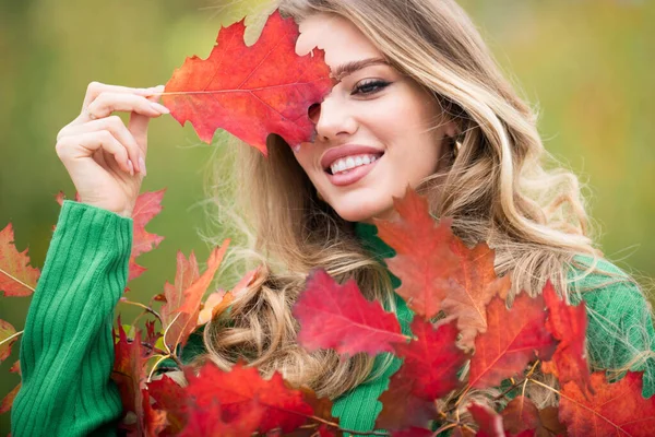 가을에 야외에서 아름다운 여자는 가을에 가을에 낙엽을 모은다 미녀는 가을노란 — 스톡 사진