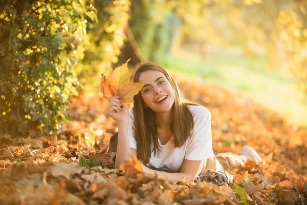 가을의 로맨스 여성은 나뭇잎을 가지고 있습니다 날에는 야외의 아름다운 초상화 — 스톡 사진