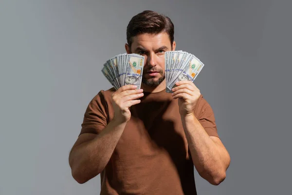 Zakenman Met Bankbiljetten Mannelijke Ondernemer Met Dollarbiljetten Gelukkige Baas Verzekeringsagent — Stockfoto