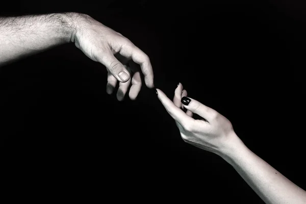 Toque Dos Manos Hombre Mujer Mano Punto Tocar Con Dedo —  Fotos de Stock