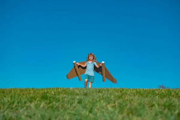 Happy Child Playing Park Kid Having Fun Toy Paper Wings — Stock Photo, Image