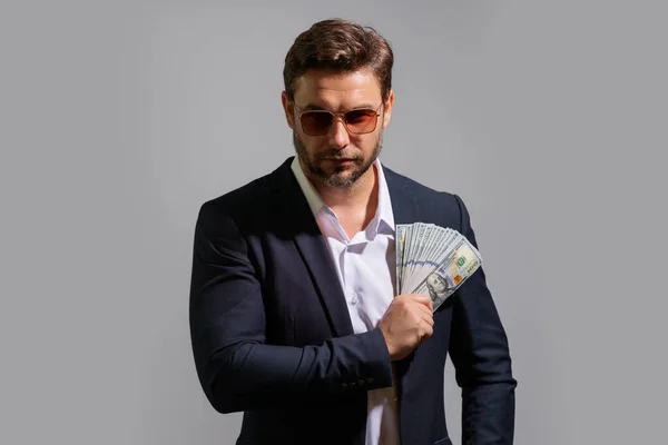 stock image Business man with cash money dollars banknotes. Businessman holding cash. Business man with money. Rejoices to win business. Business man hold cash money