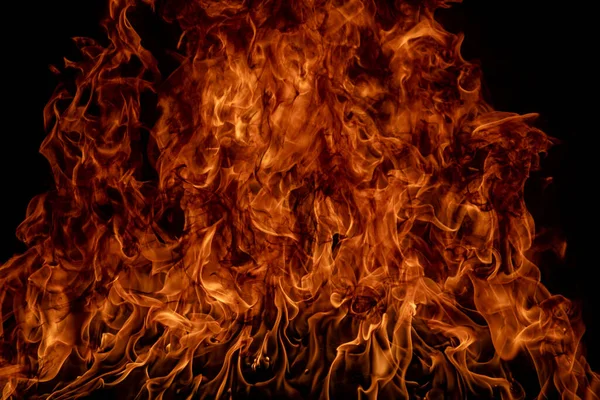 火の炎と炎が黒を背景に輝く — ストック写真