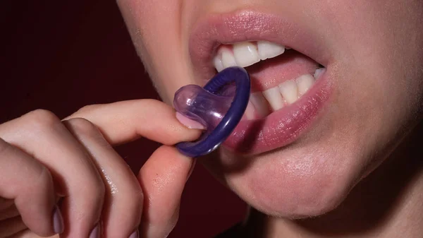 Mouth Girl Tongue Licking Condom Sexy Woman Mouth Condoms Sexy — Stock Photo, Image