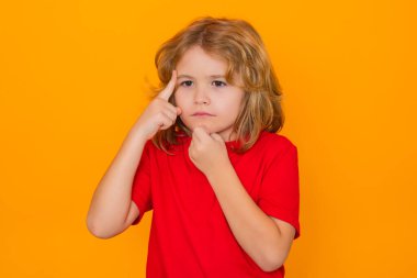 Küçük düşünür. Çocuğun sarı izole edilmiş bir geçmişi var. Sarı arka planda parmağını gösteren bir çocuk. Şok olmuş çocuk işaret ediyor, düşünüyor.