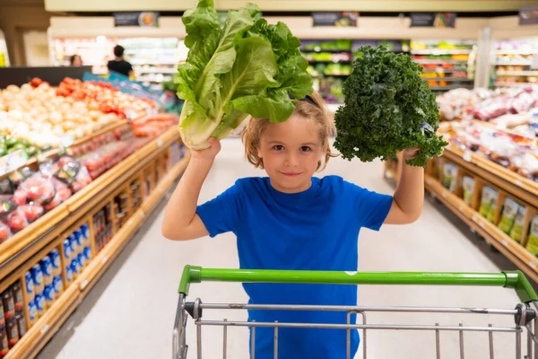 Ragazzo Con Carrello Della Spesa Verdure Supermercato Bambino Negozio Alimentari — Foto Stock