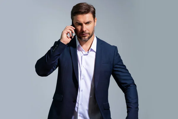 Handsome Business Man Talking Phone Business Man Suit Using Smart — Stock Photo, Image