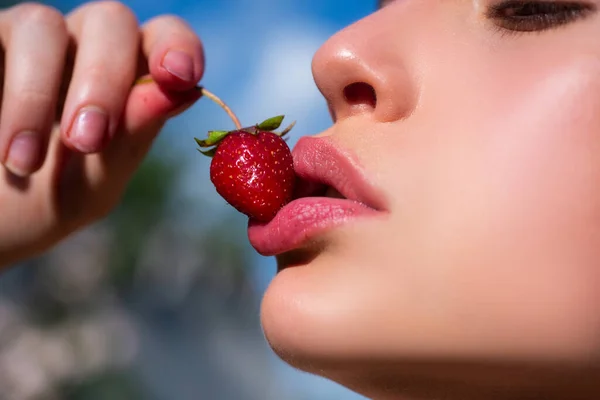 Dudakta Çilek Kadın Ağzında Kırmızı Çilek Kapat Ağzını — Stok fotoğraf
