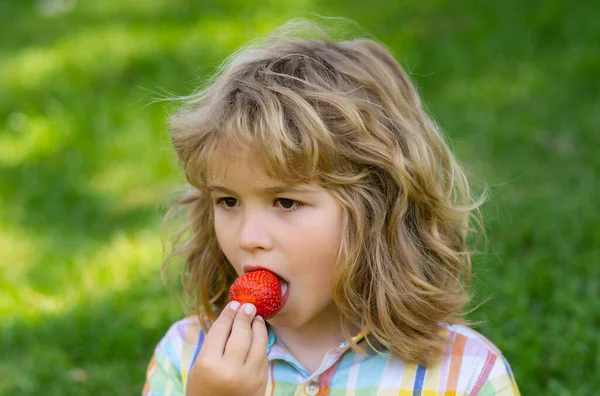 Summer Cute Kid Face Close Kids Face Strawberry Mouth Child — Stock Photo, Image