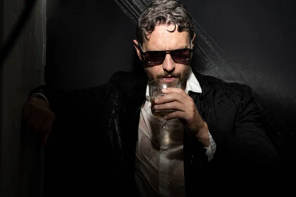 Drunk Man Stressed Businessman Suit Bathroom Crisis Business Man Drinking — стоковое фото