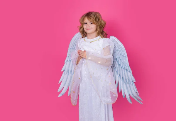 Valentines Day Blonde Cute Child Angel Wings Pink Red Studio — Stock Photo, Image