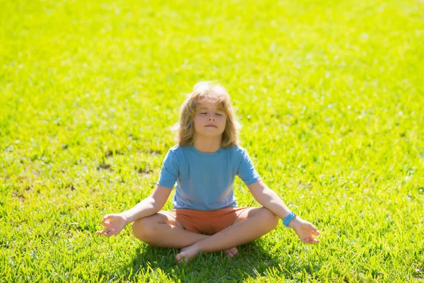 Child Breathing Fresh Air Child Close Eye Mindfulness Meditating Sit — Stock Photo, Image