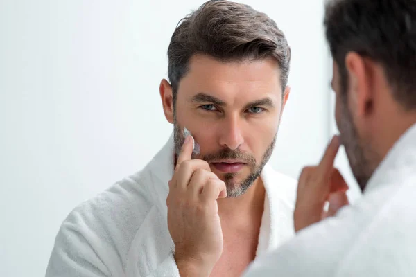 Beauty Portrait Hispanic Man Applying Face Cream Skincare Cream Skin — Stock Photo, Image