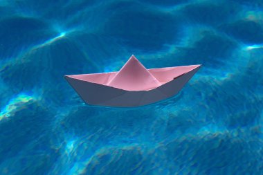 Suda yüzen kağıttan tekne dalgalara ve dalgalara neden olur. Kağıt tekneyi suya batır. Turizm kavramı, seyahat hayalleri tatil tatili, seyahat hayali, yelkenli macerası. Kağıt ustası ve origami