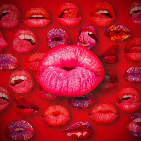 セクシーな唇 赤の官能的なリップバナー キスリップ リップスと口 赤い背景に女性の唇 女性の唇 — ストック写真