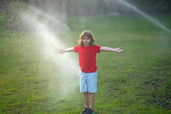 夏の日に庭でかわいい子供の散水草 夏の裏庭で子供の遊び かわいい男の子は笑っていて スプリンクラー灌漑を噴霧して水の下で楽しく走っています 草の水やり — ストック写真