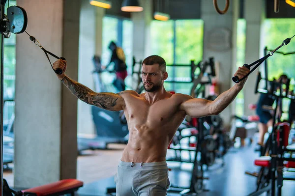 Fit Guy Doing Exercise Gym Handsome Sporty Man Workout Dumbbells — Stockfoto