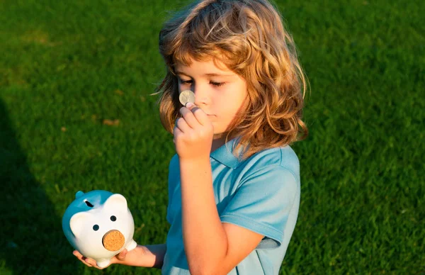 Kid Saving Coin Money Piggy Bank Cash Investment Boy Collecting — Stock Photo, Image