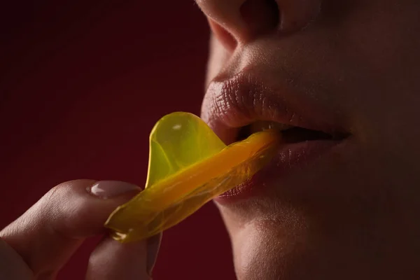 Mouth Girl Tongue Licking Condom Sexy Woman Mouth Condoms Sexy — Stock Photo, Image