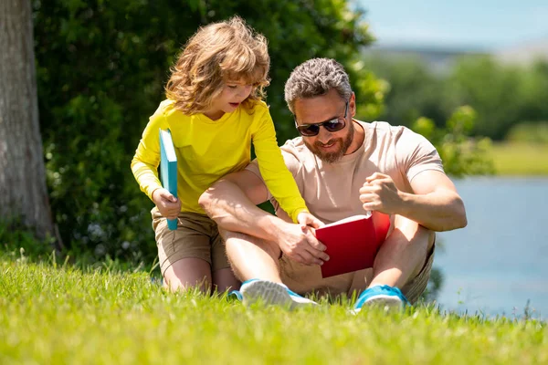 Father His Son Reading Book Together Summer Park Father Son — Stock Photo, Image