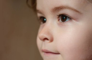 Küçük bir çocuğun portresi. Çocuk kavramı yakın planda. Kafadan vurulan çocukların portresi. Hayalci çocuk suratı. Hayalperest çocuk portresi yakın plan. Hayaller ve hayal gücü. Hayalci okul çocuğu suratı.