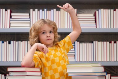 Okula dönelim. Okulda kitap okuyan küçük bir öğrenci. Çocuk ödev yapıyor, kütüphanede, kitapların yanında oturuyor.