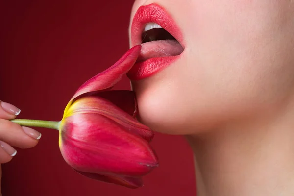 テンデルネス チューリップ チューリップ付きの自然な唇のテンダー 緊張したセクシーな女性の口 気遣いと優しさ チューリップの花とクローズアップ美しい柔らかい唇 コスメ テンドネスタッチ — ストック写真