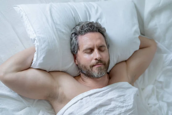 Male Head Pillow Gray Hair Man Sleep White Bed Senior — Stock Photo, Image