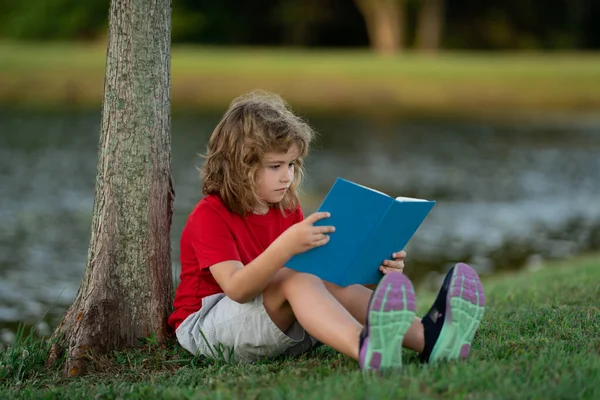 Милый Мальчик Читает Книжки Парке Парень Сидит Траве Читает Книгу — стоковое фото