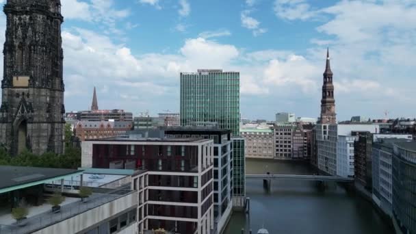 Αεροφωτογραφία Στο Λιμάνι Του Αμβούργου Γερμανία Cityscape Ποταμός Έλβα Στο — Αρχείο Βίντεο
