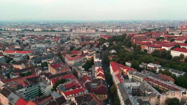 ブダペストの空中風景 ハンガリーのドナウ川 ハンガリー議会とブダペストのドナウ川 ブダペストの街並みを空中から眺める ブダペストの中心部から飛びます — ストック動画