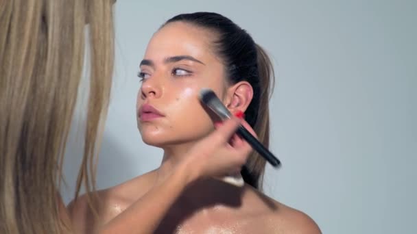 Artista Maquiagem Profissional Trabalhando Com Bela Jovem Close Maquiagem Para — Vídeo de Stock