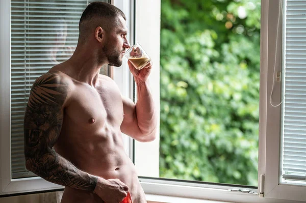 Handsome Muscular Man Drink Coffee Bedroom Window Curtains Young Handsome — Stock Photo, Image