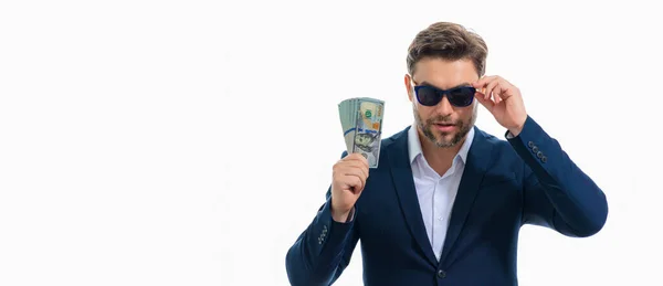 Man Kostym Med Pengar Dollarsedlar Porträtt Man Som Har Amerikanska — Stockfoto
